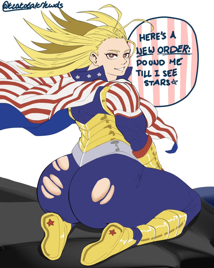 1girls ass big_ass big_butt blonde_hair bubble_butt cathleen_bate english_text huge_ass looking_at_viewer looking_back muscular muscular_female my_hero_academia seductive solo star_and_stripe_(my_hero_academia) teatotalerlewds text thick_thighs torn_clothes torn_clothing white_background