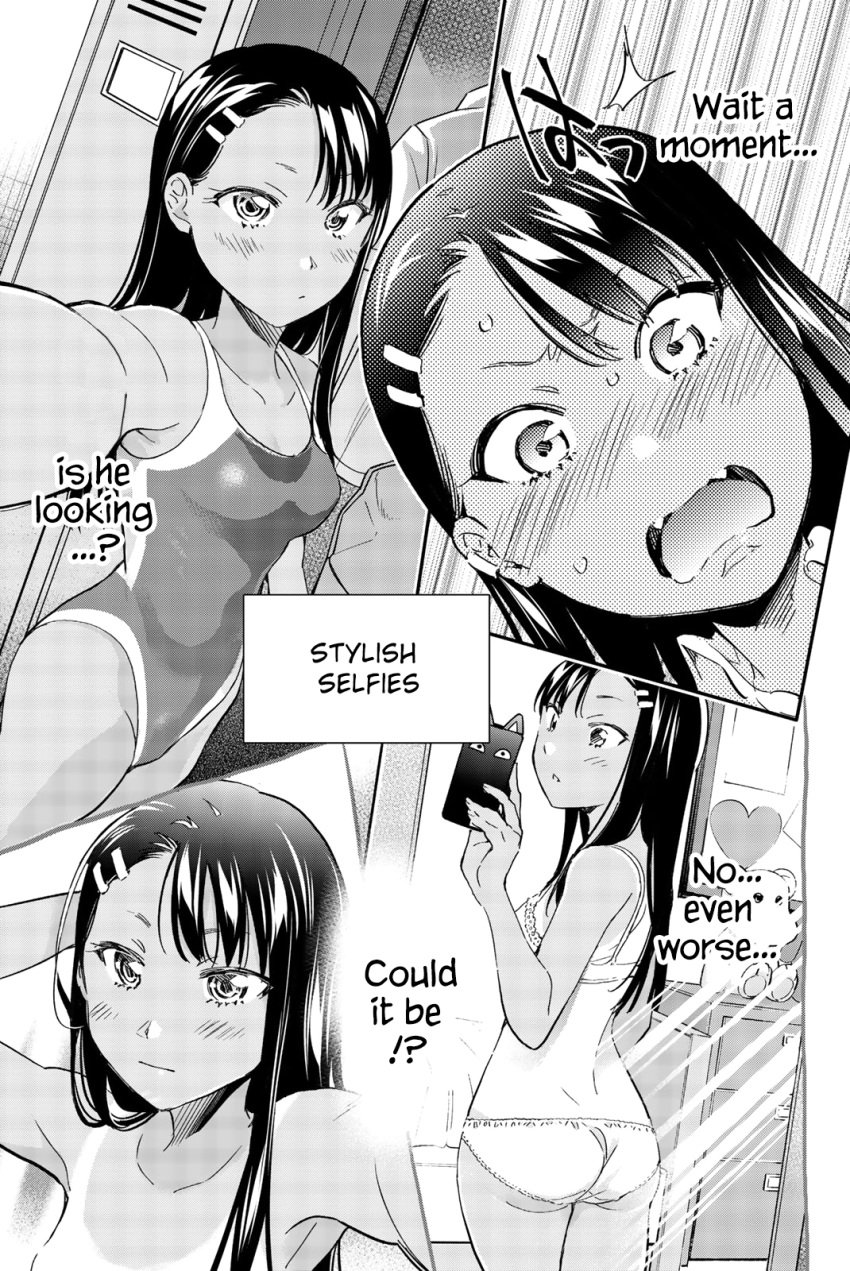 1girls 774_(nanashi) ass blush blush_lines blushing bra breasts butt comic comic_page english_text female female_only hayase_nagatoro human long_hair mirror mirror_reflection mirror_selfie monochrome mouth_open official_art open_mouth page_26 panties phone please_don't_bully_me,_nagatoro reflection selfie selfies solo swimwear tanline text underwear_only volume_5