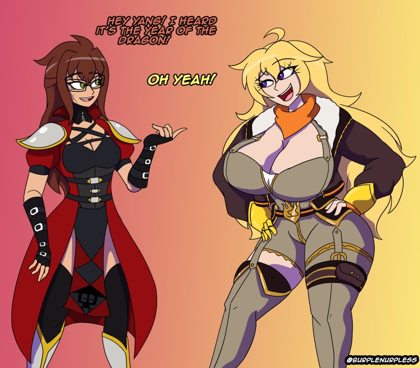 blonde_female blonde_hair breasts brown_hair burplenurpless cleavage clothed_female color dialogue english english_text glasses huge_breasts oc original_character purple_eyes robotic_arm rwby text yang_xiao_long year_of_the_dragon