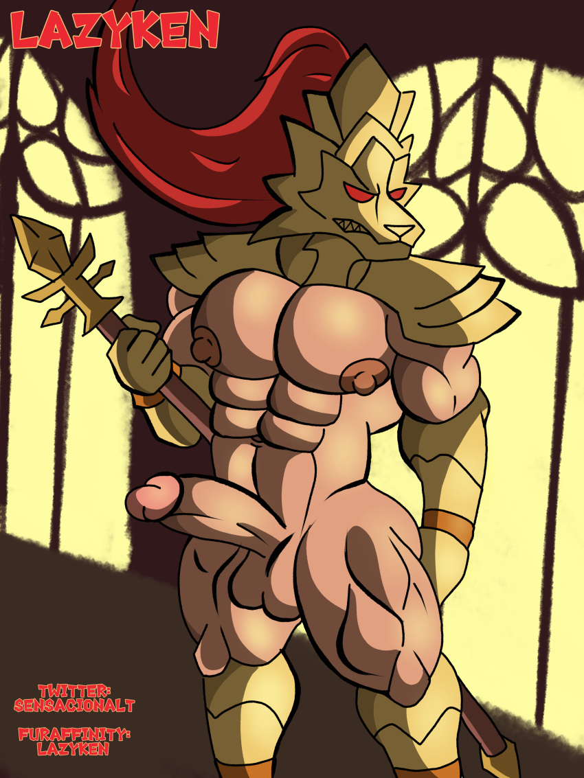 absurd_res armor armor_plates armored_boots armored_gloves dark_souls dragon_slayer_ornstein erect_nipples erection fromsoftware hi_res human human_male humanoid knight light-skinned_male light_skin male mammal melee_weapon muscular muscular_male nipples nude polearm red_body solo solo_male spear thelazyblaziken warrior weapon