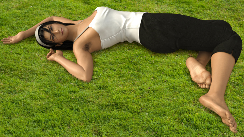 1girls 3d armpit armpit_hair armpits arms_up asian barefoot black_hair brown_eyes clothed feet female female_only grass hairband hairy_armpits jun_kazama kazama_jun laying_down laying_on_grass long_hair looking_at_viewer milf namco posing smile soles solo tank_top tekken tekken_2 tekken_8 tekken_tag_tournament tekken_tag_tournament_2 toes wrinkled_feet wrinkled_soles wrinkly_feet wrinkly_soles