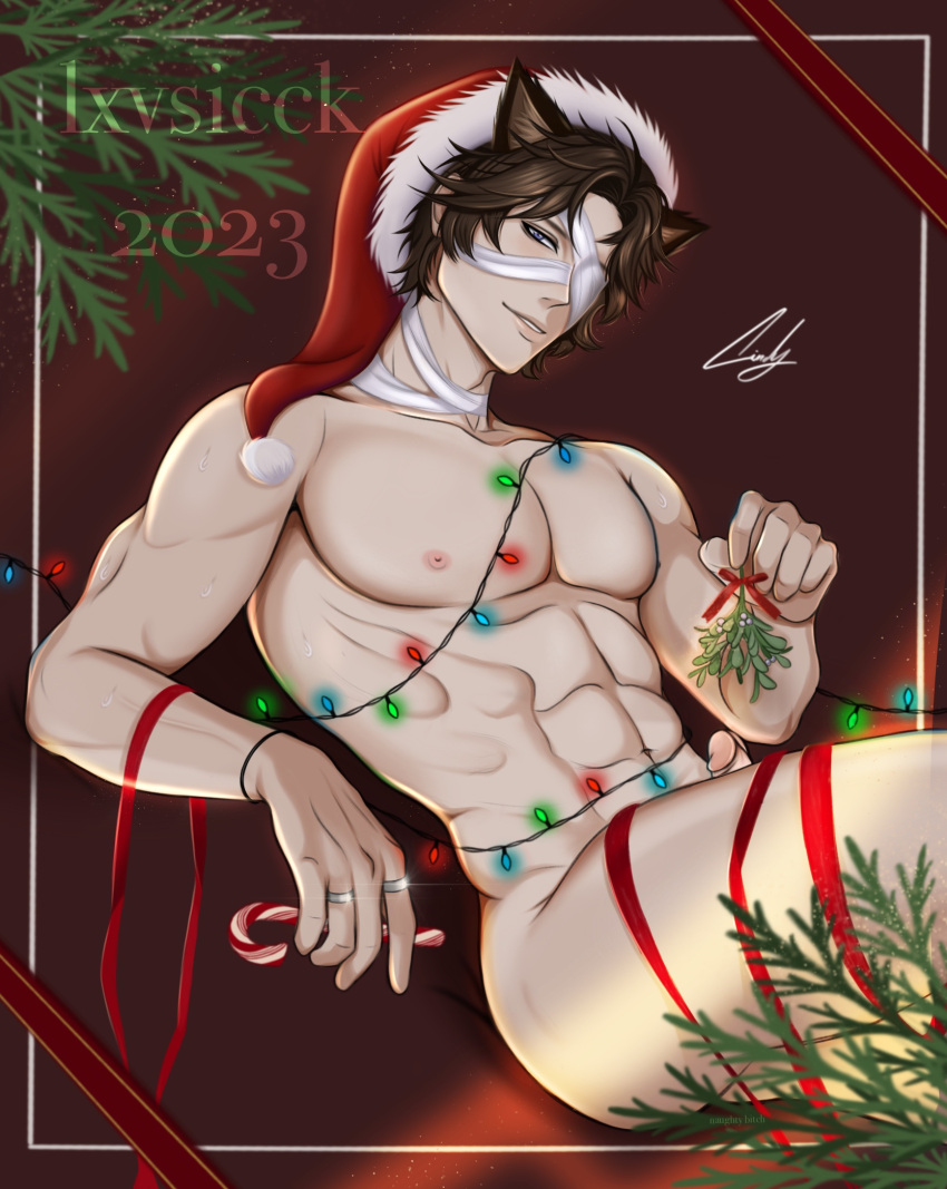 brown_hair cat_ears catboy christmas christmas_hat christmas_lights lovi lovisickk mistletoe muscular_male santa_hat softlovi thighs xmas