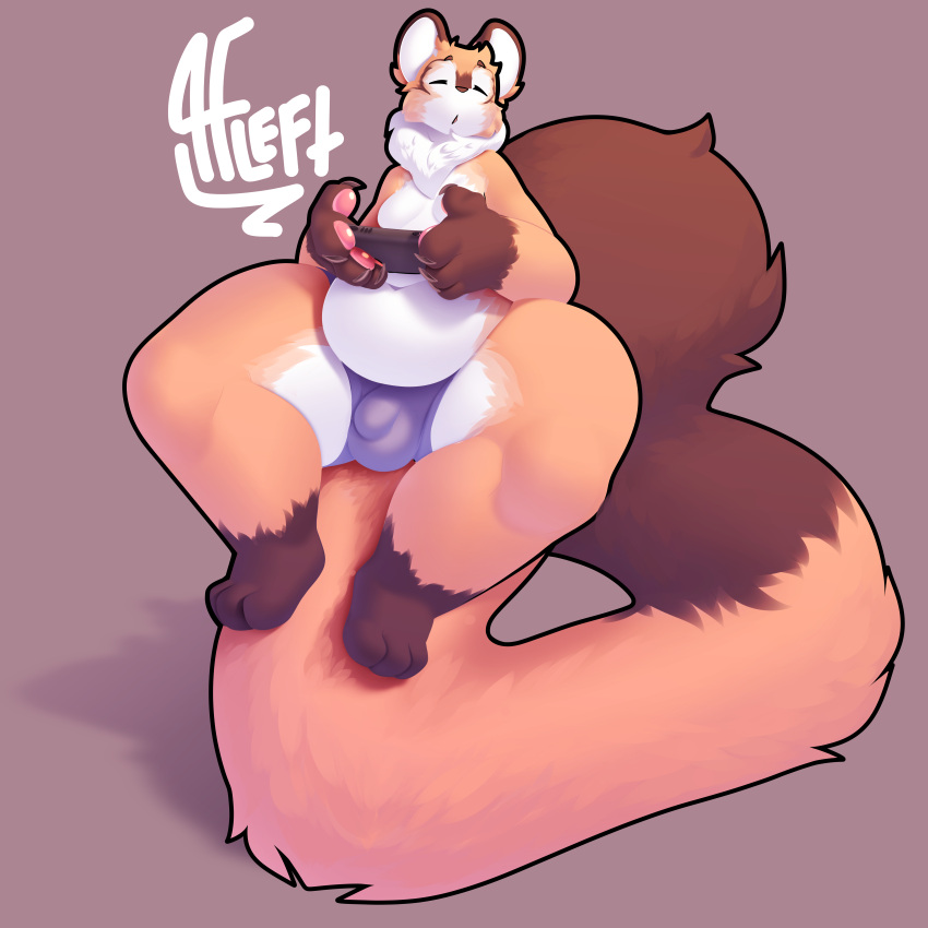 2023 3_toes 4_fingers absurd_res alwaysfaceleft anthro balancing_on_tail balls_outline belly belly_overhang big_hands big_tail biped blue_clothing blue_underwear brown_body brown_claws brown_ear_tips brown_ears brown_fur brown_nose brown_tail brown_tail_tip bulge canid canine cheek_tuft claws closed_eyes clothed clothing colored countershade_face countershade_fur countershade_legs countershade_torso countershading detailed_bulge digital_media_(artwork) dipstick_ears dipstick_tail ear_markings electronics eyes_always_closed facial_tuft feet finger_claws fingerpads fingers fluffy fluffy_tail fox front_view full-length_portrait fur game_console gaming genital_outline gloves_(marking) grey_background handpaw hi_res huge_tail hybrid leg_markings long_tail looking_at_viewer male male_anthro mammal markings multicolored_body multicolored_ears multicolored_fur multicolored_tail navel neck_tuft nintendo nintendo_console nintendo_switch orange_body orange_ears orange_fur orange_tail overweight overweight_anthro overweight_male pan_(alwaysfaceleft) pawpads paws penis_outline pink_pawpads playing_video_game portrait prehensile_tail raccoon_dog shaded signature simple_background sitting socks_(marking) solo switch_console tail tail_markings tanuki thick_tail thick_thighs toes topless topless_anthro topless_male tuft two_tone_tail underwear underwear_only white_body white_countershading white_fur white_inner_ear