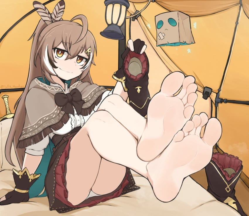 1girls barefoot brown_hair crossed_legs fan_mascot_(vtuber) feet foot_fetish foot_focus friend_(nanashi_mumei) hololive hololive_english hololive_english_-council- hololive_english_-promise- nanashi_mumei panties sitting smile softhanten soles toes virtual_youtuber white_panties yellow_eyes