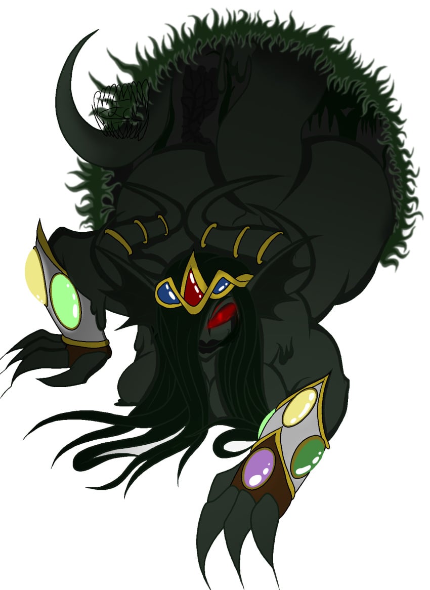 big_ass big_butt black_lips claws crawling demon ecn13000 fin_ears gauntlets glowing_eyes goddess green_hair hair_over_one_eye horns large_ass licking_lips looking_at_viewer oc original_character portal red_eyes slime smirk smirking snake_tongue split_tongue tail tentacle_hair tiara wide_hips