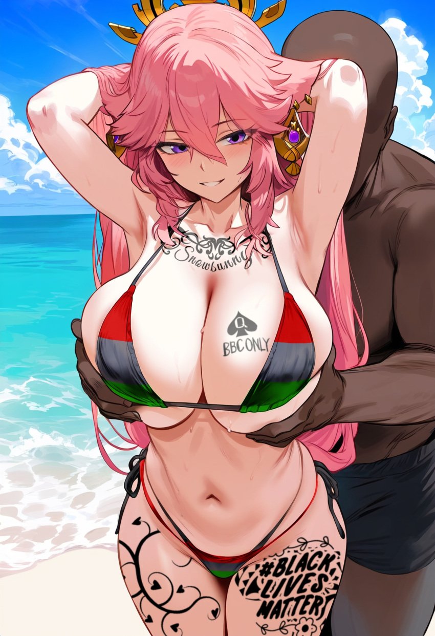 1boy 1girls ai_generated background big_breasts bikini dark-skinned_male genshin_impact hand_on_breast himeno interracial light-skinned_female outdoors pan-african_flag pink_hair purple_eyes qos qos_tattoo queen_of_spades queen_of_spades_symbol queen_of_spades_tattoo tagme tattoo vine_tattoo yae_miko