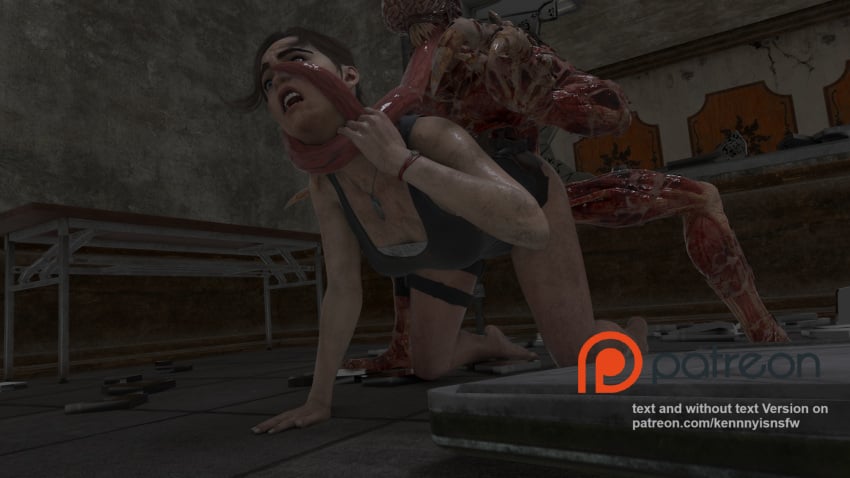 1girls 3d ass breasts brown_hair claire_redfield clothing dirty_skin doggy_style female from_behind from_front_position kennyisnsfw licker_(resident_evil) male monster open_mouth penetration rape resident_evil resident_evil_2 restrained shirt spread_legs wet_skin wide_eyed