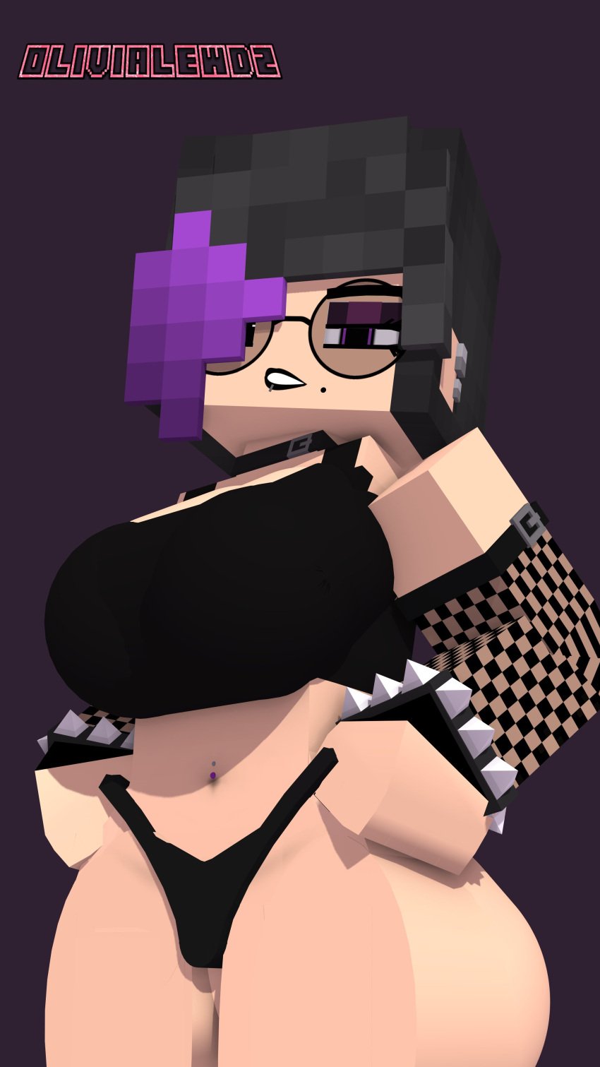 belly_piercing black_hair black_lipstick black_thong black_topwear buckle choker dyed_hair ear_piercing fishnets glasses goth goth_girl lipstick makeup mcyt minecraft minecraft_youtubers olivia_(olivialewdz) olivialewdz piercings purple_hair purple_makeup round_glasses thong