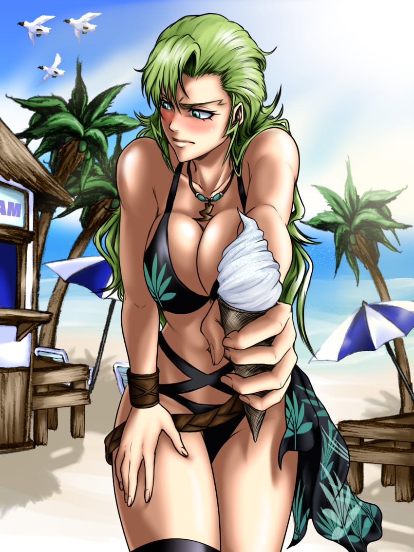 absurdres bikini bleach bleach:_sennen_kessen-hen bleach_brave_souls blush breasts candice_catnipp cleavage female food green_eyes green_hair highres ice_cream jewelry large_breasts long_hair necklace solo swimsuit