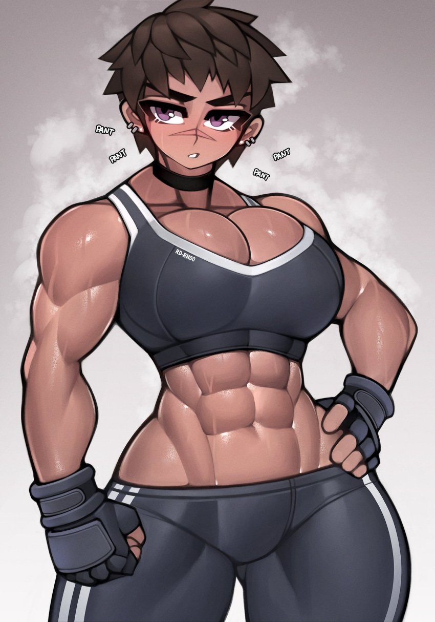 1girls abs bare_arms bare_shoulders big_breasts blush brown_hair clothed clothing color dark-skinned_female dark_skin female female_focus female_only fit_female hi_res large_breasts looking_at_viewer muscles muscular muscular_arms muscular_female muscular_legs muscular_thighs original_character pointy_chin purple_eyes roadi3 scar short_hair solo solo_female sports_bra sportswear sweat tagme thick_thighs tomboy very_short_hair