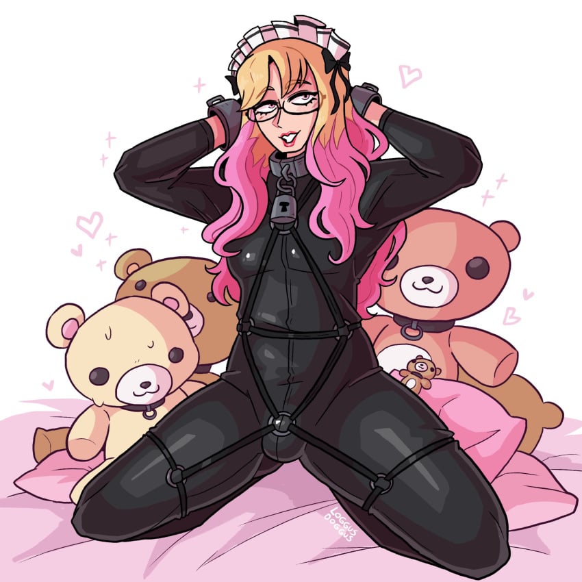 1boy blonde_hair bodysuit bulge collar cuff_(restraint) femboy girly glasses hands_behind_head hi_res indie_virtual_youtuber kneeling latex latex_bodysuit loggus_doggus long_hair looking_at_viewer maid_headdress male male_only muscular o-ring o-ring_strap pink_hair plushie red_lipstick smiling smiling_at_viewer solo teddy_bear two_tone_hair virtual_youtuber white_background