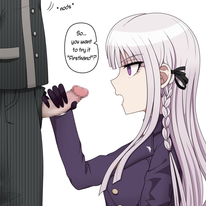 1boy 1girls 7-cs assertive assertive_female danganronpa danganronpa_v3 emotionless emotionless_female expressionless gloved_handjob gloves gon_(congchuabuoito) hand_on_penis handjob kirigiri_kyouko light-skinned_female light-skinned_male light_skin penis penis_grab saihara_shuuichi