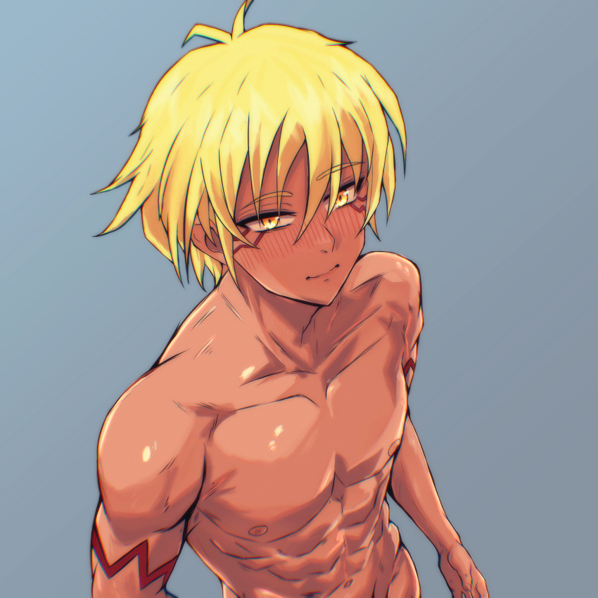 1:1_aspect_ratio 1boy 1girls 2d abs ahoge androgynous artist_name bangs bare_arms bare_legs bare_shoulders blonde_hair blue_background blush body_markings clavicle closed_mouth clothing completely_nude dark-skinned_male dark_skin dragon drintrava facial_mark female gay gradient gradient_background grey_background groin hair_between_eyes high_resolution legs looking_at_viewer looking_up male male/ambiguous male_focus male_only male_pubic_hair muscle muscles muscular muscular_male navel nipples nose_blush nude original out-of-frame_censoring patreon_username pectorals pixiv_username scar shiny shiny_skin shirtless short_hair simple_background slit_pupils smile solo solo_focus solo_male standing stomach sweat tattoo tensei_shitara_slime_datta_ken that_time_i_got_reincarnated_as_a_slime toned toned_male topless twitter twitter_username upper_body veldora_tempest very_high_resolution yaoi yellow_eyes