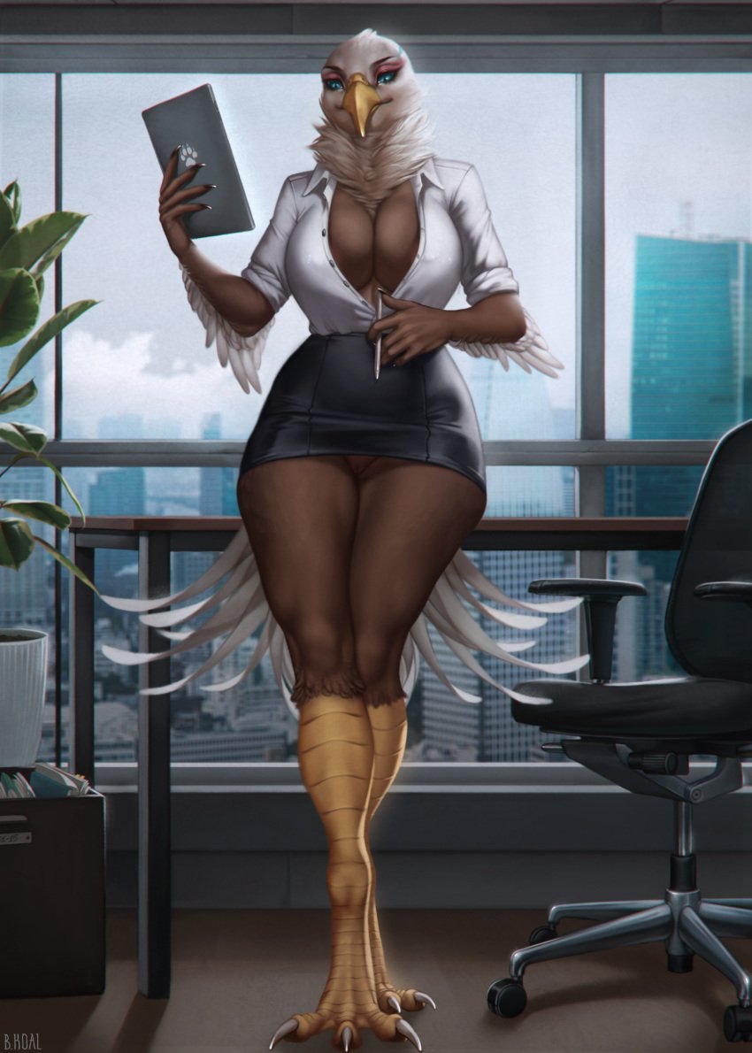 absurd_res accipitrid accipitriform anthro anthro_only areola areola_slip avian b.koal bald_eagle beak big_breasts bird blue_eyes bottomwear breasts businesswear city clothed clothing dress_shirt eagle eyeshadow female genitals hi_res inside makeup mia_(eag1e) neck_tuft nipples no_underwear non-mammal_breasts non-mammal_nipples office office_lady pussy sea_eagle shirt skirt solo tablet_computer topwear tuft unbuttoned_shirt upskirt wide_hips window