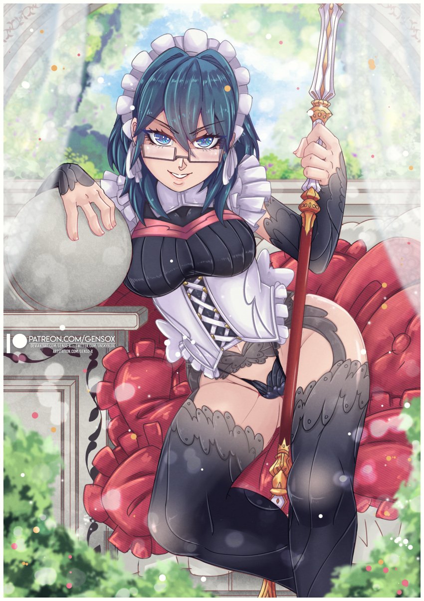 1girls alternate_costume ass_visible_through_thighs bare_thighs black_panties blue_eyes breasts bush byleth_(fire_emblem) byleth_(fire_emblem)_(female) curtains detached_sleeves evil_grin evil_smile female female_only fire_emblem fire_emblem:_three_houses garter_belt gensox glasses grin hair_between_eyes long_sleeves looking_at_viewer maid maid_headdress medium_breasts medium_hair nintendo outdoors panties partially_visible_vulva pillow see-through sitting smile solo spear teal_hair thighhighs thighs underwear weapon wide_hips