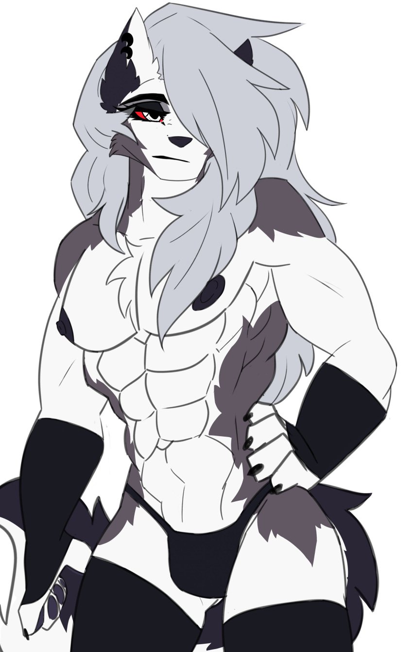 1boy abs ambush_loona big_muscles bulge cassielink eyeliner feminine feminine_male furry gay genderswap_(ftm) grey_body grey_fur grey_hair hair_covering_eye happy helluva_boss long_hair loona loona_(helluva_boss) male male_focus male_loona male_only muscles muscular muscular_male pecs pectorals penis_bulge rule_63 shirtless smile smiling solo solo_male stretching strong topless topless_male vivziepop white_background white_body white_fur wolf wolf_boy yaoi