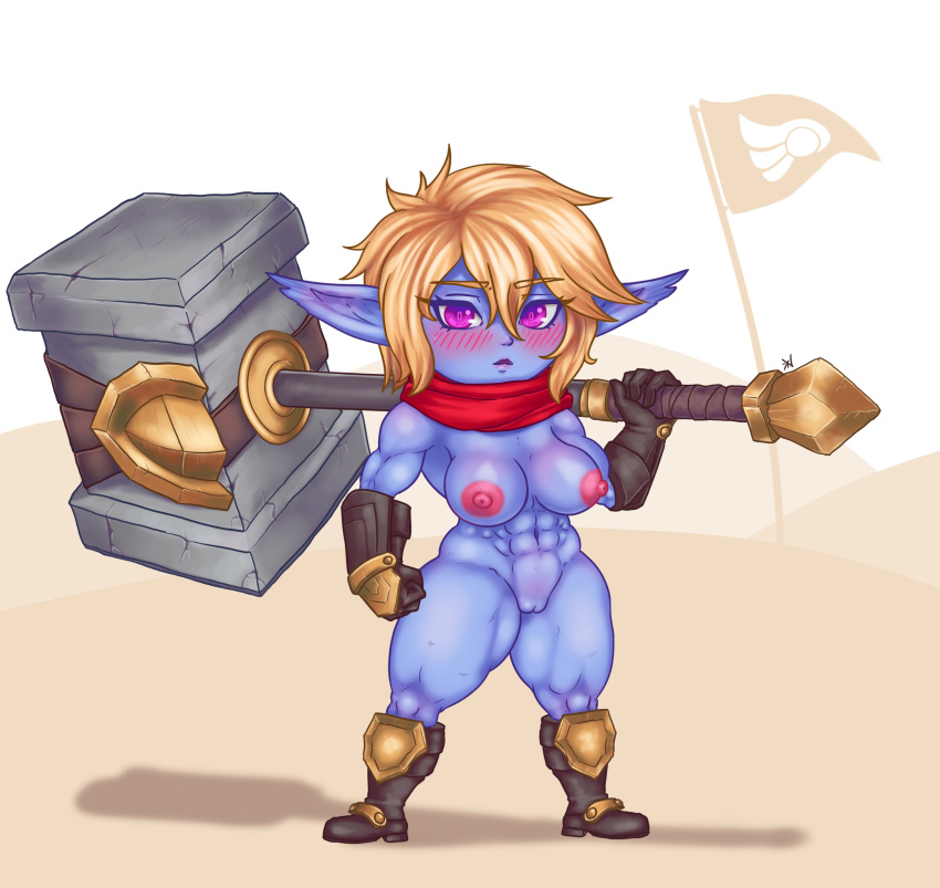 1girls female female_only hammer kilih188 league_of_legends muscular muscular_female naked_footwear nude poppy shortstack weapon yordle