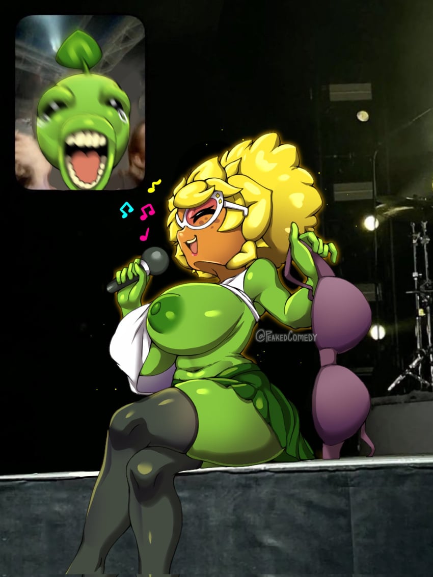 1girls big_breasts bra breasts breasts_out fan_screaming_at_madison_beer_(meme) female female_focus green_body leggings lifted_shirt meme nipples peakedcomedy peashooter_(pvz) plant plant_girl plants_vs_zombies plants_vs_zombies_2:_it's_about_time singing skirt sunflower_(pvz) sunflower_singer_(pvz) tagme