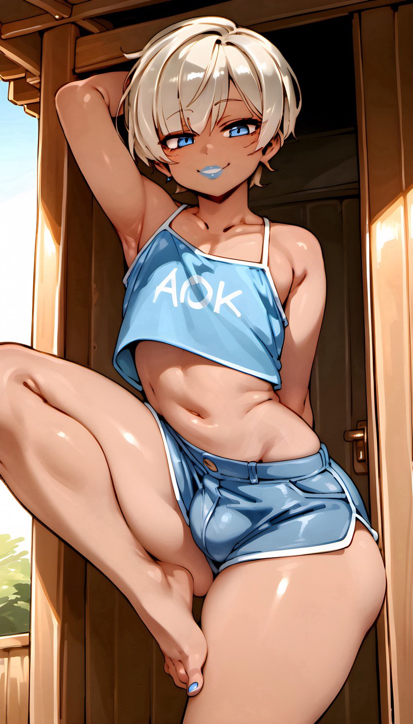 1boy 1femboy ai_generated arm_up armpits ashton_fem blue_eyes blue_lipstick blush bulge bulge_through_clothing cabin crop_top cute_male feet femboy girly inviting leg_up lips long_eyelashes navel original_character pioploon platinum_blonde_hair posing shiny_skin short_hair short_shorts smiling_at_viewer tan tan_body tan_skin thick_ass thick_thighs toenail_polish toes trap wide_hips