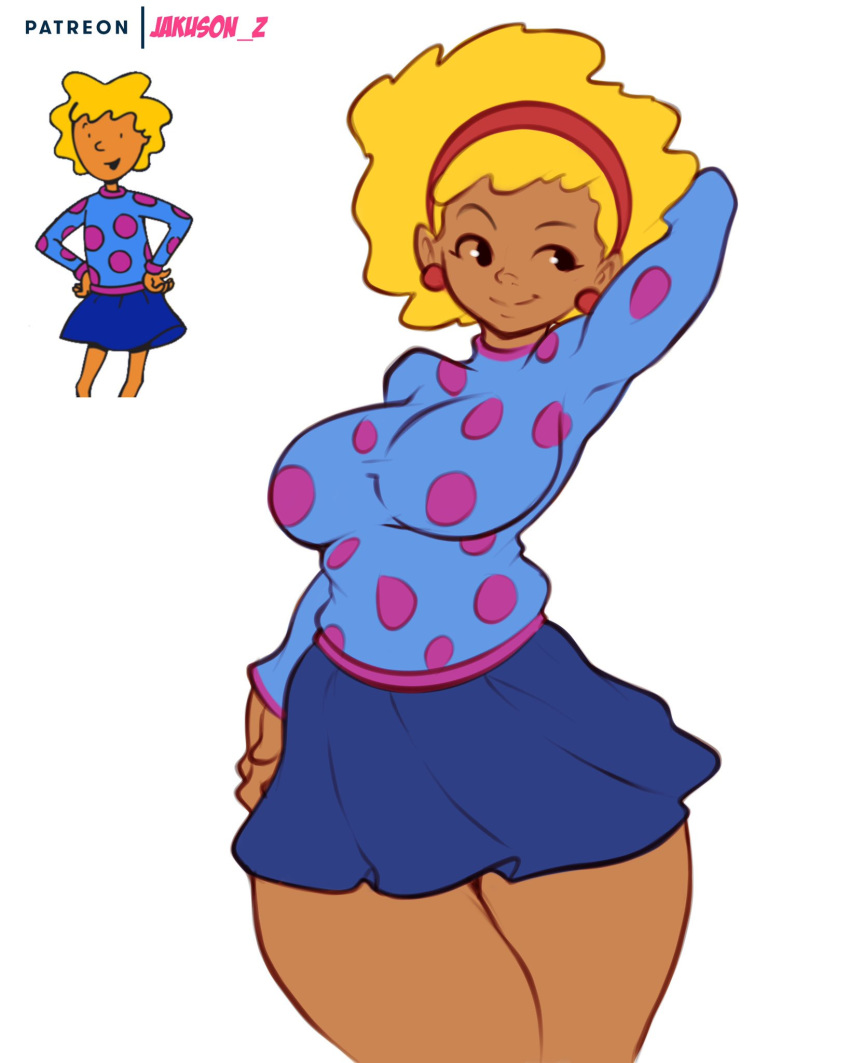 1girls 2019 afro aged_up big_breasts black_eyes blonde_hair breasts clothed curvaceous curvy curvy_figure dark-skinned_female dark_skin disney disney_channel doug earrings female female_focus female_only hairband jakuson_z nickelodeon no_pupils patti_mayonnaise skirt solo solo_female sweater thick_thighs thighs voluptuous white_background yellow_hair