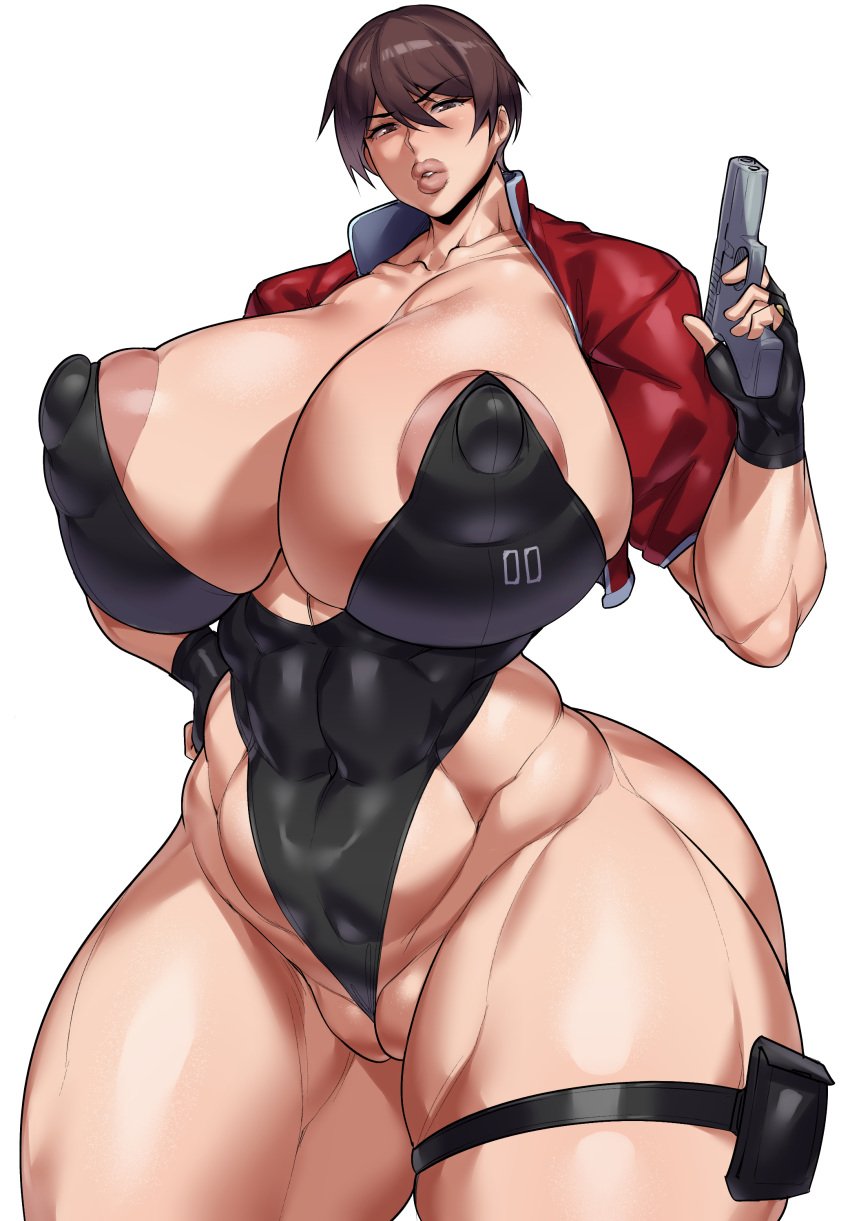 big_breasts bimbo bimbo_lips exposed_pussy gun holding_weapon huge_breasts huge_nipples inspector_kaga_(natedecock) muscles muscular_female natedecock nipple_bulge nipple_slip nipples_visible_through_clothing police policewoman short_hair solo_female solo_focus tomboy venus_body