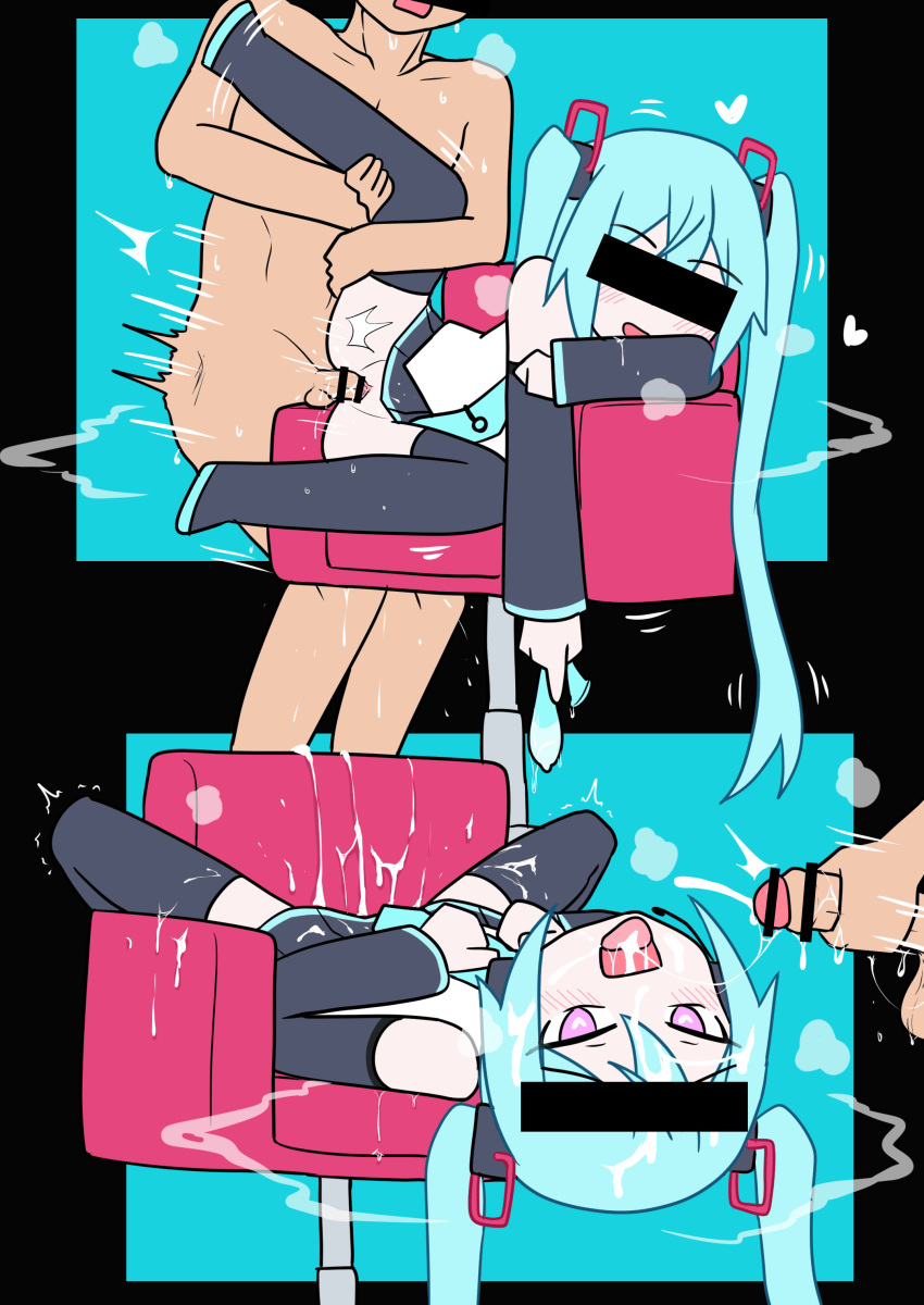 1boy 1girls accurate_art_style aqua_hair black_skirt black_sleeves censor_bar censored chair chibi collared_shirt condom cum cum_everywhere cum_in_mouth detached_sleeves excessive_cum hatsune_miku heart holding_condom long_hair masturbation multiple_views mv_character pleated_skirt sex shirt sleeveless sleeveless_shirt tokumei_m_(vocaloid) twintails vocaloid white_shirt yunshih