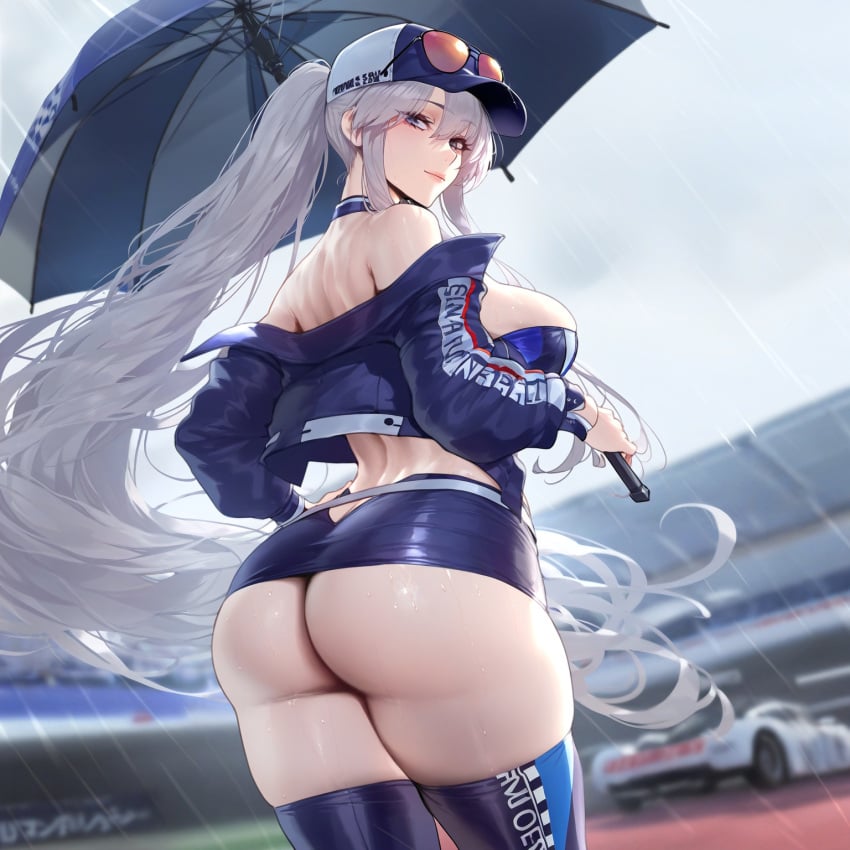 1girls absurd_res ai_generated aroused ass ass_focus azur_lane baseball_cap cap car enterprise_(azur_lane) enterprise_(wind_catcher)_(azur_lane) from_behind from_below holding_umbrella huge_ass jacket leotard liu_(artist) looking_at_viewer looking_back miniskirt off_shoulder open_jacket outdoors race_queen racetrack racing_queen_costume racing_track rain raining solo solo_female standing sweat thick_thighs tight_clothing umbrella voluptuous voluptuous_female wet