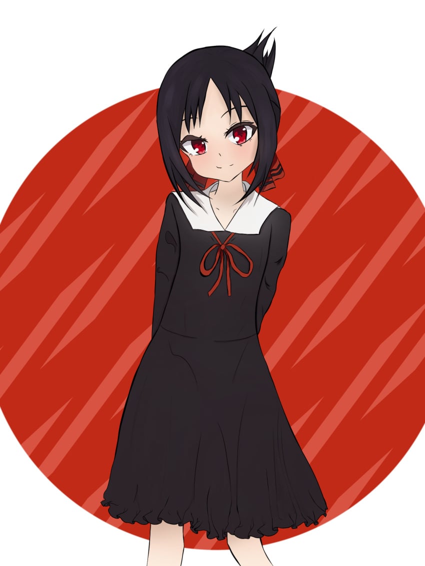 1girl 1girls 2d arms_behind_back bangs black_dress black_hair blush breasts closed_mouth clothing collared_dress cowboy_shot dress drintrava feet_out_of_frame female female_only folded_ponytail full_body hair_ornament hair_ribbon half_ponytail head_tilt high_resolution human kaguya-sama_wa_kokurasetai_~tensai-tachi_no_renai_zunousen~ long_hair long_sleeves looking_at_viewer neck_ribbon not_porn parted_bangs patreon_username pixiv pixiv_username ponytail red_background red_eyes red_ribbon ribbon safe safe_for_work sailor_collar school_uniform schoolgirl sfw shinomiya_kaguya short_hair shuuchiin_academy_school_uniform sidelocks simple_background small_breasts smile solo standing tagme tied_hair twitter_username two-tone_background uniform white_background white_sailor_collar