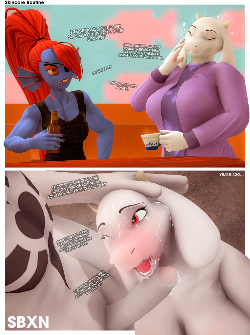 3d age_difference alcohol anthro asriel_dreemurr beer beverage big_breasts blush bodily_fluids boss_monster_(undertale) bovid breasts caprine clothed clothing cum cum_on_face dirty_talk english_text female fish fur genital_fluids genitals goat group hair hi_res holidays horn incest male male/female mammal marine mature_female mother mother's_day mother_and_child mother_and_son nude parent parent_and_child parent_and_son penis sbxn smile son source_filmmaker_(artwork) text toriel trio undertale undertale_(series) undyne white_body white_fur