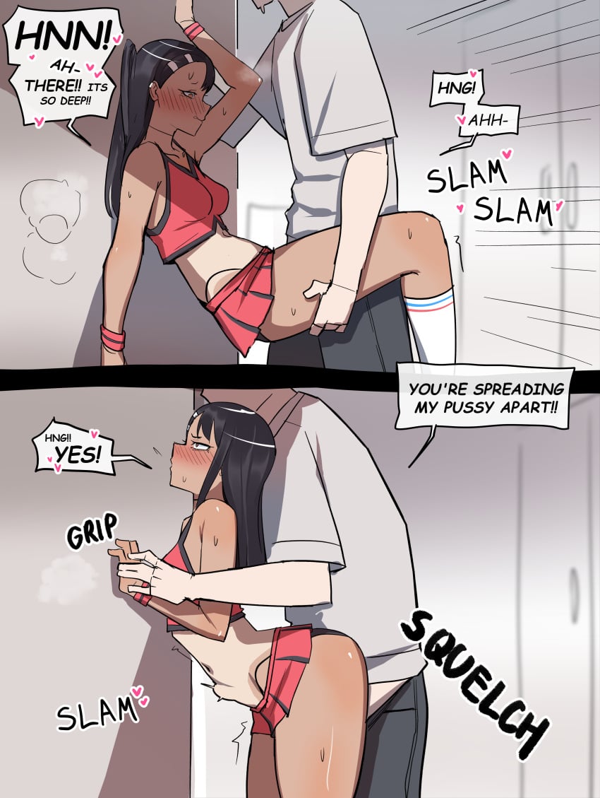 1boy 1girls against_wall ass black_hair cheerleader clothed_sex english_text female hayase_nagatoro human long_hair male naked nude please_don't_bully_me,_nagatoro pussy sex skirt standing_sex suspended_congress tan tan-skinned_female tanline tanned text ti-keep ti_keep