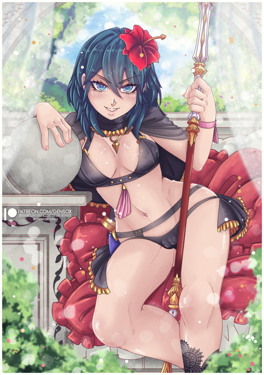 1girls alternate_costume areola_slip areolae ass_visible_through_thighs bare_legs bikini black_bikini black_swimsuit blue_eyes breasts bush byleth_(female)_(summer)_(fire_emblem) byleth_(fire_emblem) byleth_(fire_emblem)_(female) capelet curtains evil_grin evil_smile female female_only fire_emblem fire_emblem:_three_houses fire_emblem_heroes flower gensox grin hair_between_eyes hair_flower legs looking_at_viewer medium_breasts medium_hair nintendo official_alternate_costume outdoors pillow see-through sitting smile solo spear swimsuit teal_hair weapon wide_hips