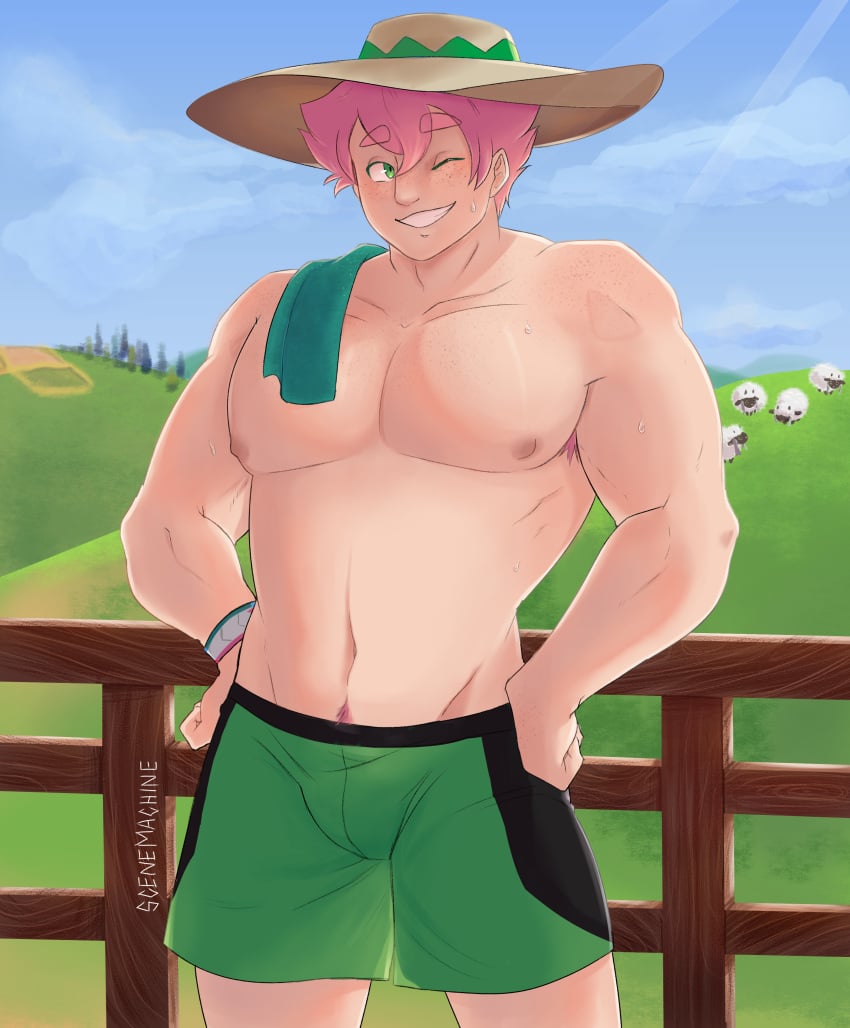 bara buff gay male_focus male_only milo_(pokemon) pokemon pokemon_ss pokemon_trainer scenemachine shirtless