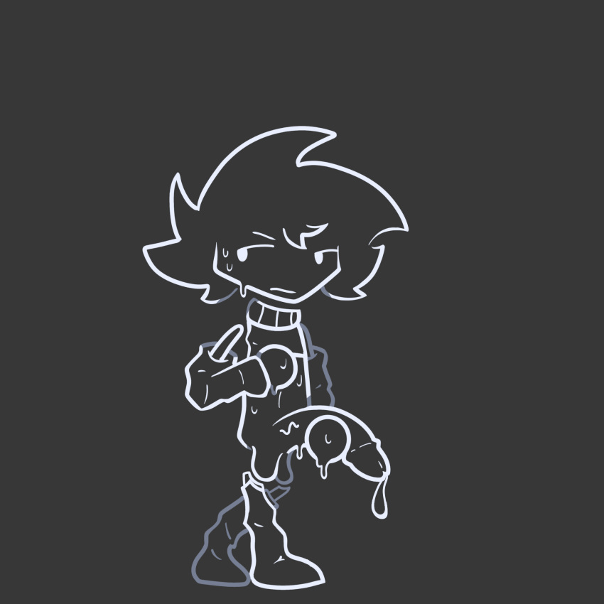 armsleeves black_and_white black_background circle_hands dripping_penis floppy_penis holding_penis long_hair male_only messy_hair original original_character sleeveless_turtleneck sweating thigh_socks turtleneck_sweater_lift white_line_art