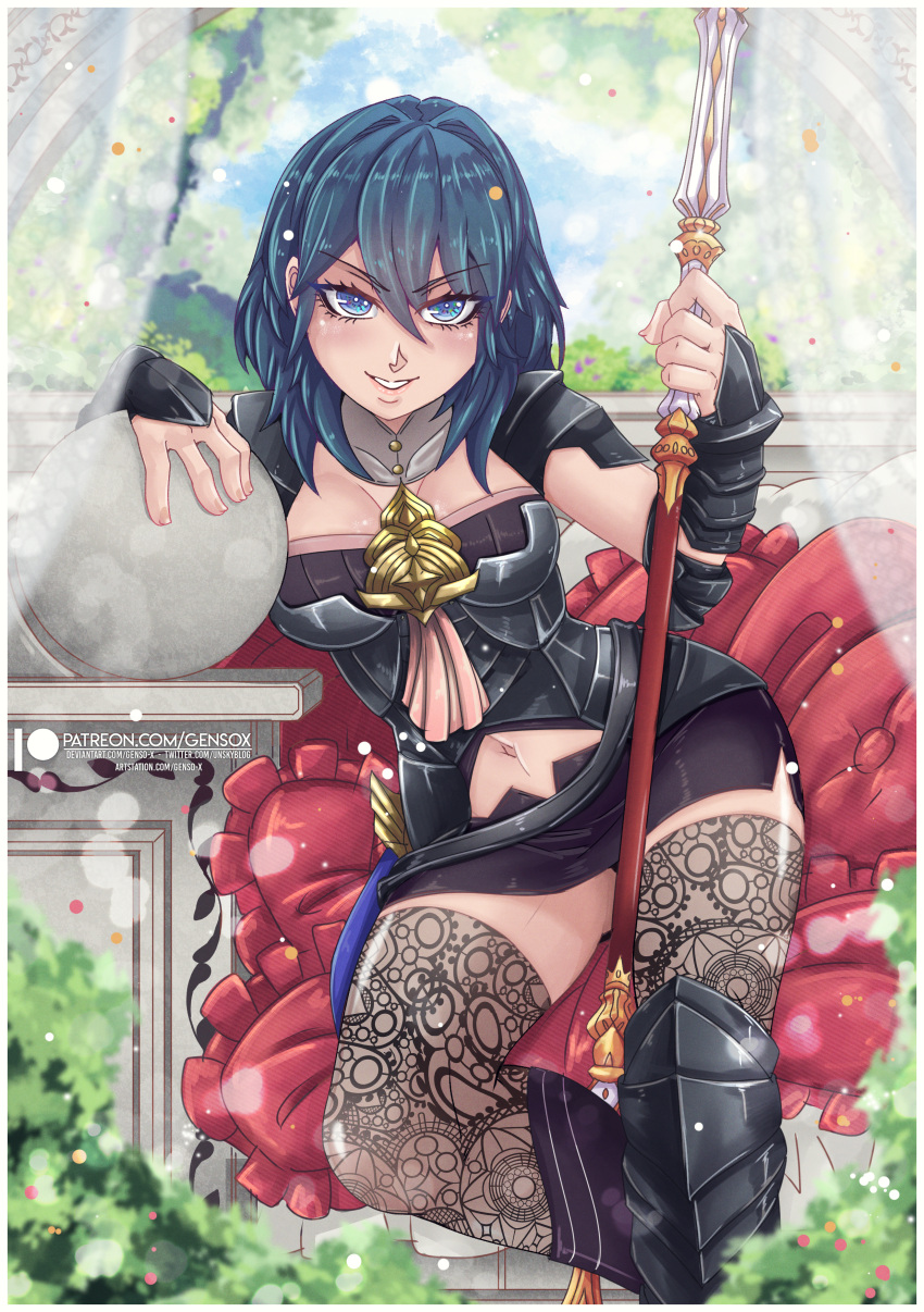 1girls armor ass_visible_through_thighs bare_midriff bare_thighs black_panties blue_eyes bodice breasts bush byleth_(fire_emblem) byleth_(fire_emblem)_(female) curtains evil_grin evil_smile female female_only fire_emblem fire_emblem:_three_houses gensox grin hair_between_eyes knife leggings looking_at_viewer medium_breasts medium_hair midriff navel nintendo outdoors panties pantyshot pantyshot_(sitting) pillow see-through sitting skirt smile solo spear teal_hair thighhighs thighs underwear upskirt weapon wide_hips