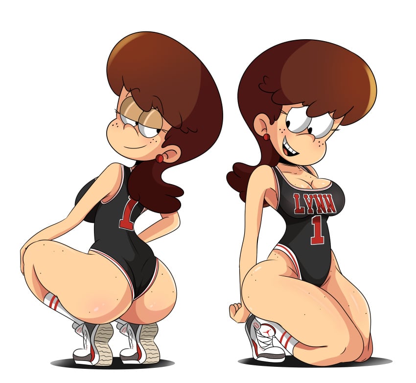 1girls alternate_outfit ass back_view big_ass breasts brown_hair female female_focus female_only freckles half-closed_eyes leotard lynn_loud nickelodeon older one-piece_swimsuit open_mouth smile solo sonson-sensei text the_fresh_knight the_loud_house thick_thighs thighs wide_hips yaboisonson