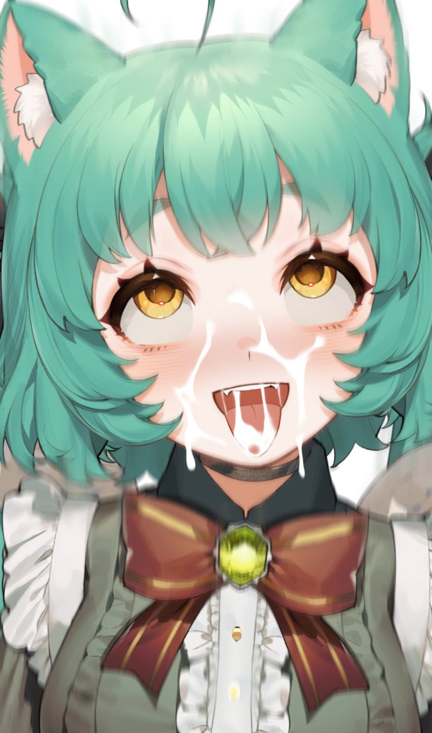 1girls ahe_gao ahoge ai_generated cat_ears cum cum_on_face cum_on_tongue female female_only girl_dm green_hair indie_virtual_youtuber looking_up sharp_teeth tongue tongue_out virtual_youtuber yellow_eyes youtube youtuber