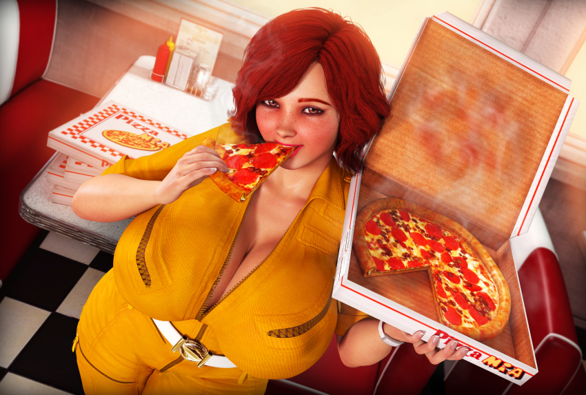 1girls 3d april_o'neil april_o'neil_(tmnt_1987) auburn_eyes auburn_hair big_breasts bimbo blush bob_cut bursting_breasts busty cheese cleavage eating eating_food female female_only freckles huge_breasts jumpsuit junk_food lipstick medium_hair pepperoni pepperoni_pizza pizza pizza_box rasmus-the-owl red_hair redhead roudn_breasts solo solo_female teenage_mutant_ninja_turtles thick_thighs tight_clothes tight_clothing tmnt_1987 wide_hips