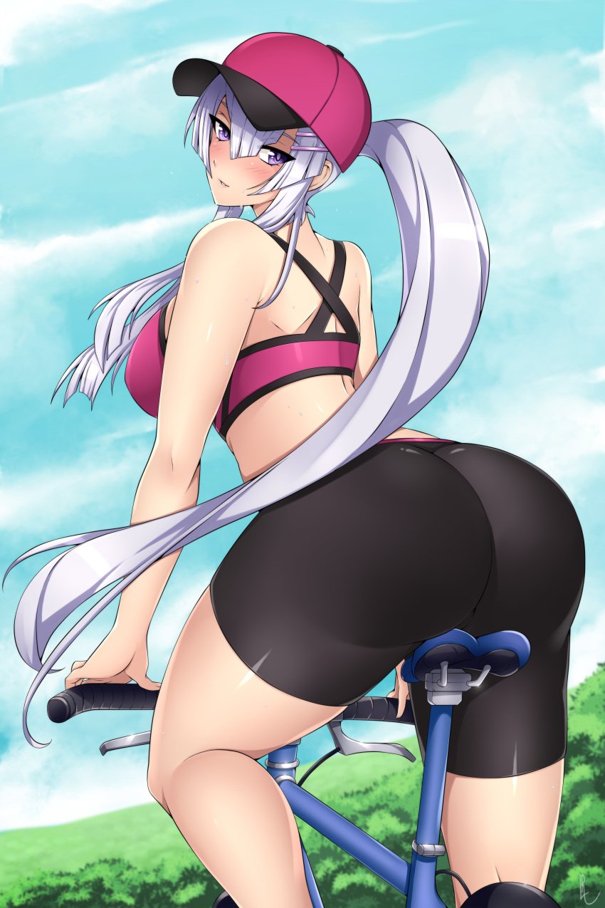 ass baseball_cap bicycle bike bike_seat bike_shorts blush breasts female frolaytia_capistrano hair_ornament hairclip hat heavy_object huge_ass human large_breasts legs lindaroze long_hair outdoors ponytail purple_eyes silver_hair smile solo sports_bra sweat thighs