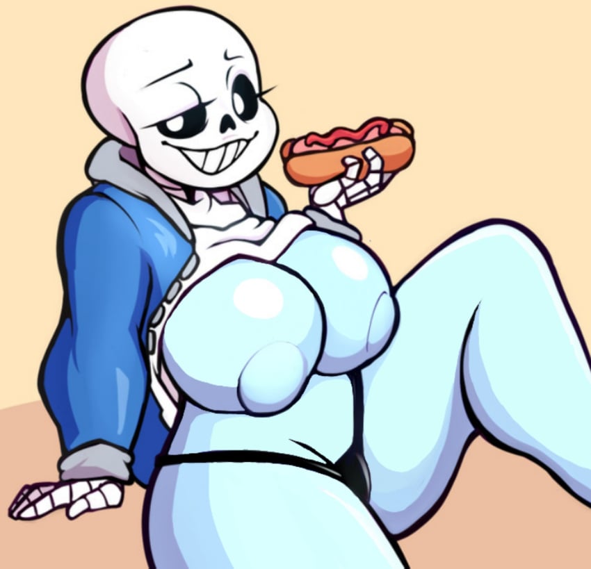 alternate_version_available animated_skeleton artist_request big_breasts black_panties blue_body blue_breasts blue_skin breasts deltarune ectobody ectobreasts eyelashes female female_focus female_only female_sans food genderswap genderswap_(mtf) hot_dog jacket large_breasts long_eyelashes no_bra rule_63 sans shirt_lift shirt_up skeleton smile smug sweater thick_thighs undertale