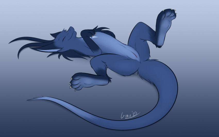 blue_body blue_fur blue_hair claws_out closed_eyes dragon feral fur fur_markings furred_dragon giru giru_(artist) hair happy hindpaw lying male markings on_back paws presenting presenting_slit raised_leg slit solo spread_legs spreading