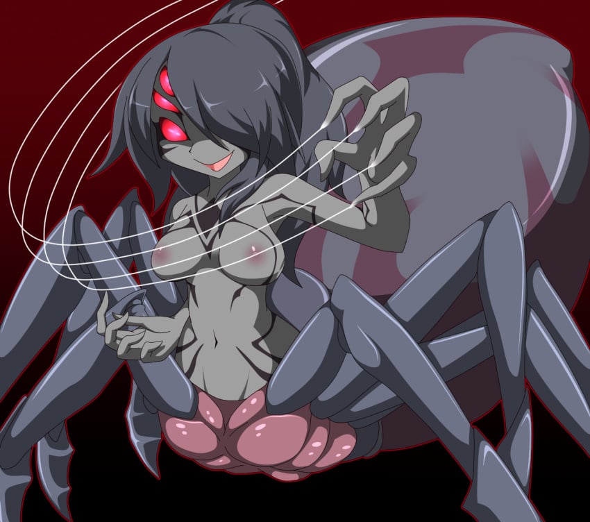 !_!(artist) amauchi arachne_lord black_hair grey_skin hair_over_one_eye mon-musu_quest! monster_girl monster_girl_quest multi_eye navel open_mouth ponytail red_eyes spider spider_girl tattoo web