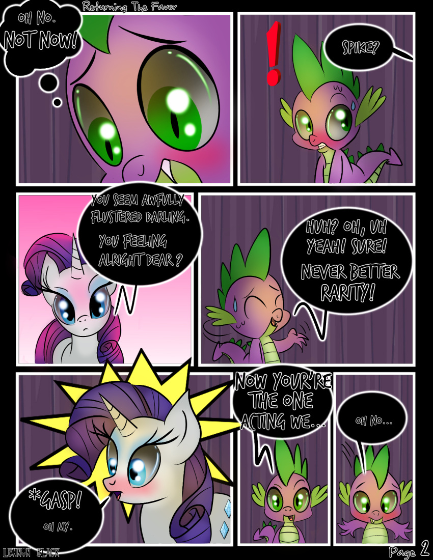 ! beauty_mark blush comic cutie_mark dialogue dragon english_text equine erection female feral friendship_is_magic horn horse lennonblack male mammal my_little_pony page_2 pony rarity_(mlp) shocked shocked_expression speech_bubble spike_(mlp) straight thought_bubble unicorn