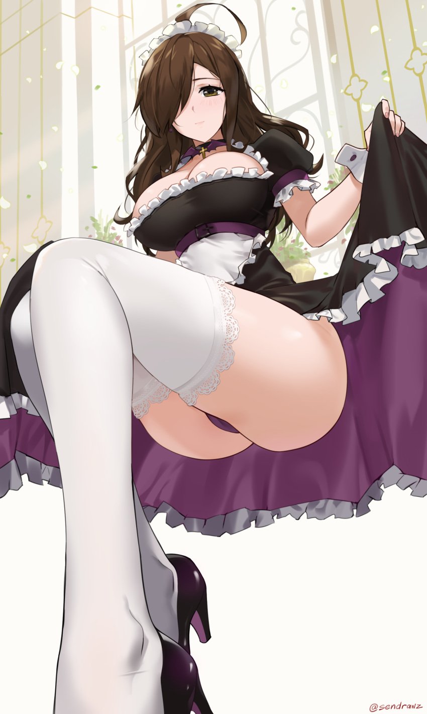 ahoge brown_hair brunette choker cleavage dress_lift hair_over_one_eye high_heels kono_subarashii_sekai_ni_shukufuku_wo! large_breasts long_hair maid maid_uniform purple_thong sendrawz skirt_lift stockings thong tight_clothing white_stockings wiz_(konosuba) yellow_eyes