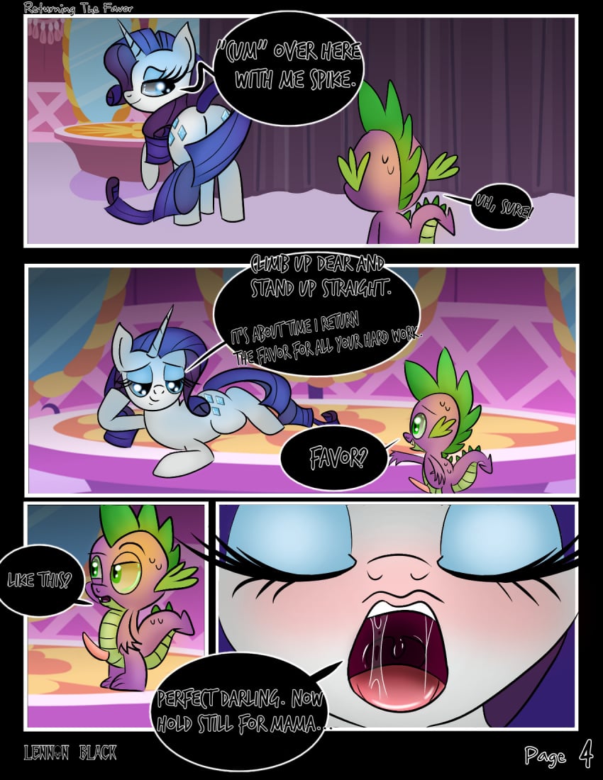 beauty_mark bedroom_eyes comic cutie_mark dialogue dragon dragon_penis english_text equine erect_penis erection eyes_closed female feral friendship_is_magic horn horse lennonblack male mammal my_little_pony open_mouth page_4 pony presenting_penis rarity_(mlp) speech_bubble spike_(mlp) straight unicorn