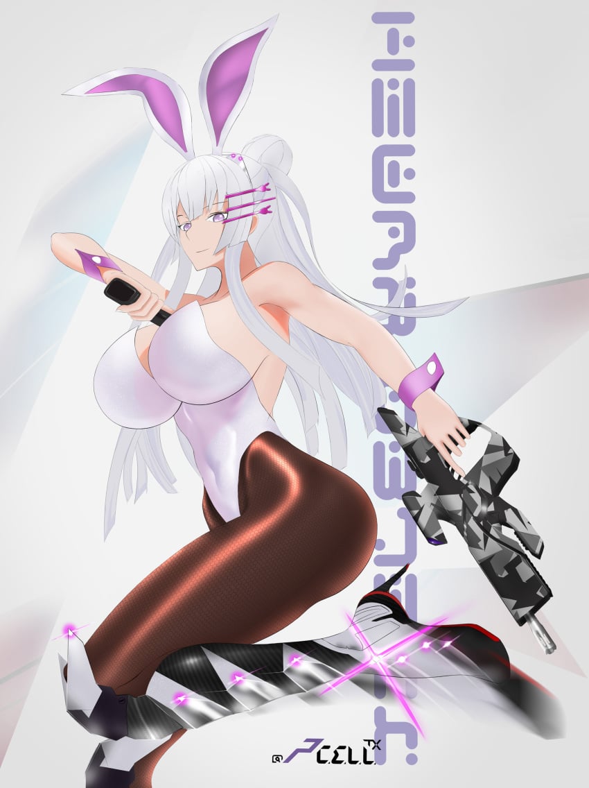 absurdres animal_ears breasts bunny_ears bunny_girl bunnysuit cleavage frolaytia_capistrano gun hair_bun hair_pin heavy_object high_heels highres huge_breasts long_hair pantyhose pcelltx purple_eyes silver_hair smile weapon