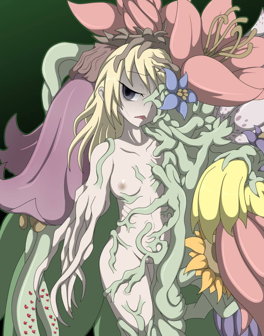 !_!(artist) amauchi bags_under_eyes blonde_hair body_horror dryad flowers grey_eyes guro infested long_hair monster_girl monster_girl_quest open_mouth plant_girl ribs shaved_pussy small_breasts vines