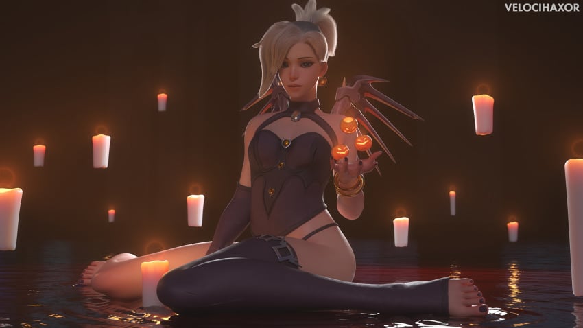 1girls 3d alternate_costume feet female female_only looking_at_viewer mercy overwatch pinup purple_toenails solo thighhighs toes velocihaxor witch_mercy