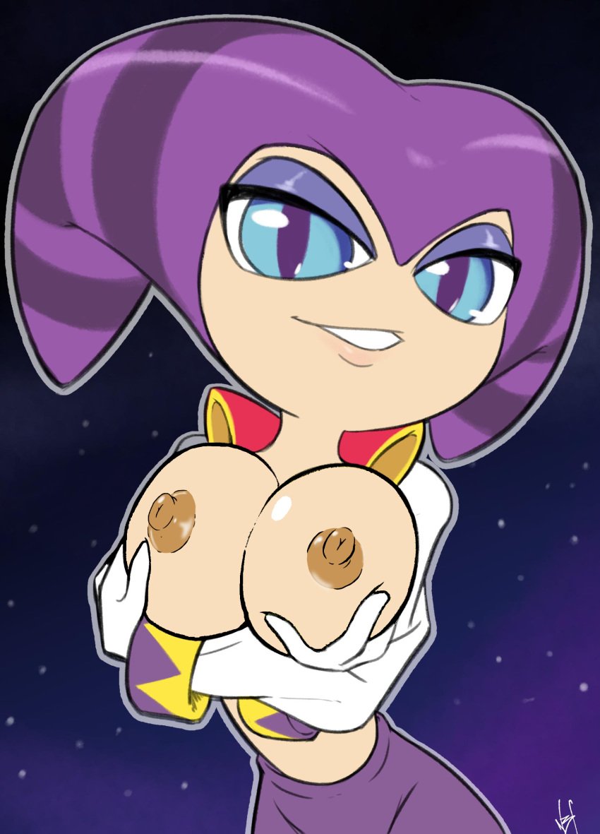 2019 5_fingers blue_eyes breasts clothing edit erect_nipples exposed_breasts eyeshadow female half-dressed highres humanoid humanoid_hands n3f night nightmaren nights nights_into_dreams nipples presenting_breasts rule_63 sega smile solo sonic_team video_games