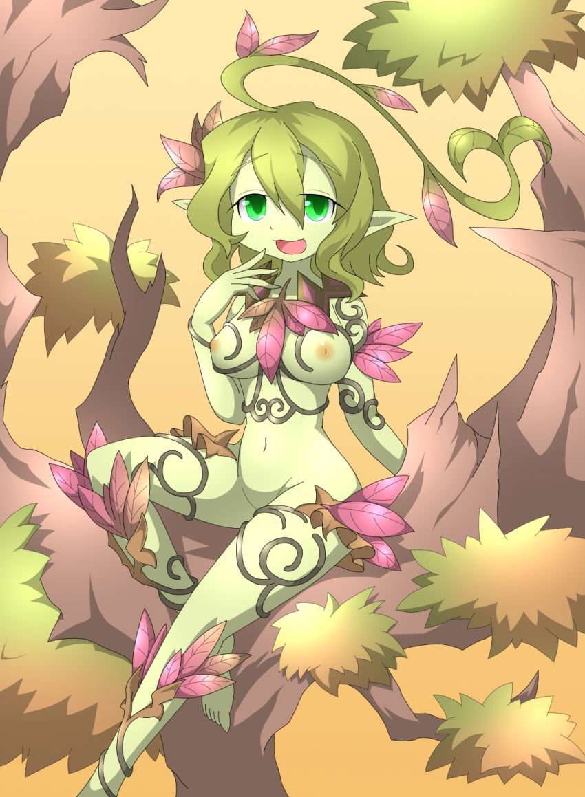 !_!(artist) amauchi dryad green_eyes green_hair green_skin leaves mon-musu_quest! monster_girl monster_girl_quest open_mouth plant_girl pointy_ears sitting_in_tree tree tree_girl