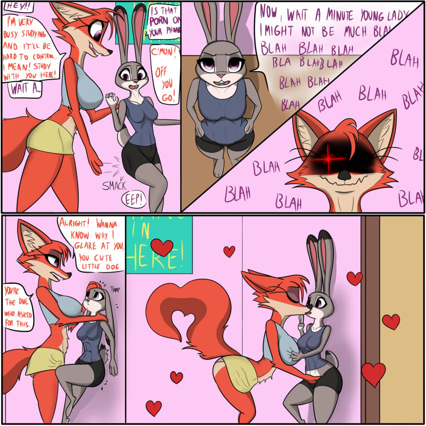 1:1 albinefox anthro arm_tuft ass bedroom_eyes belly_tuft big_breasts big_butt black_nose breast_grab breasts butt_slap canid canine cheek_tuft clothed clothing comic dialogue digital_media_(artwork) disney facial_tuft fan_character female female/female fingering fox half-closed_eyes hand_on_breast heart hi_res isabelle_wilde judy_hopps kissing lagomorph large_breasts leporid mammal medium_breasts panties purple_eyes rabbit seductive shorts skirt slap tuft yuri zootopia